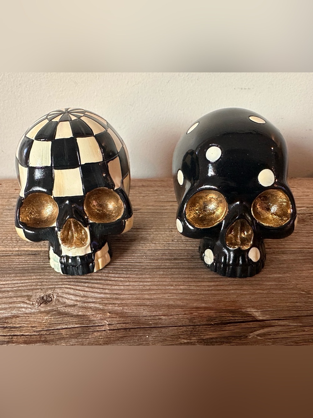 Mackenzie Childs set of 2 mini Hand-Painted Black & Gold Resin  Skull Figurines